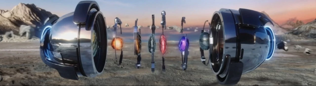 Une capsule chromée et des anneaux colorés flottent dans un paysage extraterrestre