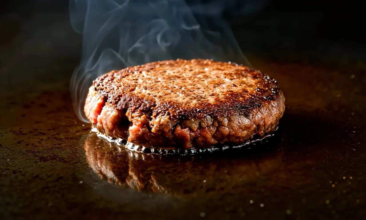 Plan rapproché d’un steak de burger sur une plaque de cuisson