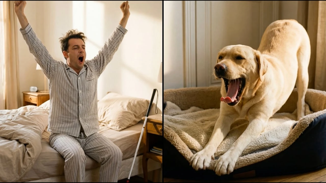 Un homme et un chien guide s’étirent au réveil, dans deux scènes en miroir