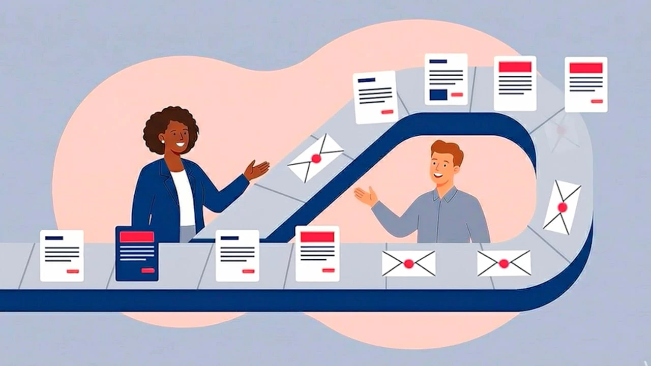 Illustration animée de collaborateurs et de flux documentaires pour AXA